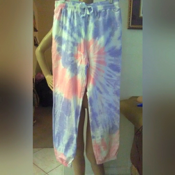 Hem & Thread Pants - BNWT TIE DYED JOGGERS BY HE AND THREAD SZ .LG PINK, PURPLE , WHITE  DRAWSTRING
